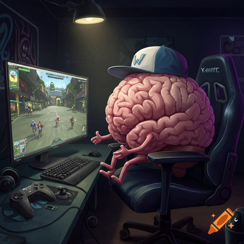 A stylized brain character plays video games in a gaming chair.