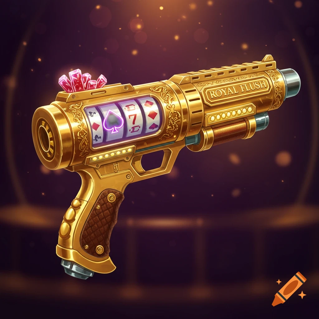 A golden casino-themed blaster with a slot machine display and 'ROYAL FLUSH' text.
