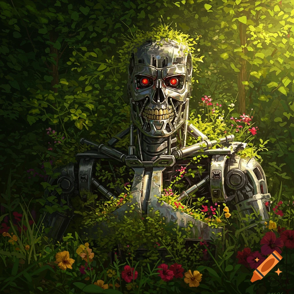 A Terminator robot overgrown with green plants and colorful flowers in a sunny forest.
