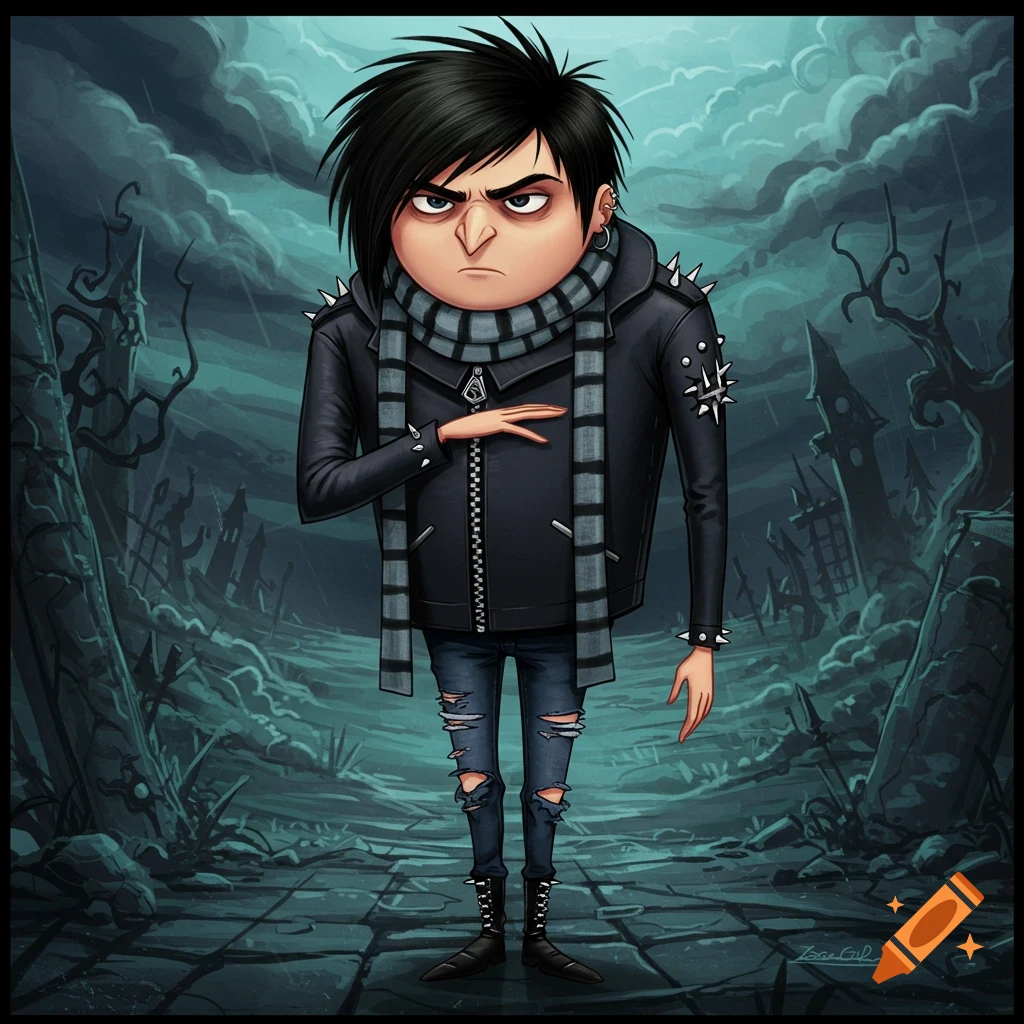 An emo version of Gru from Despicable Me wearing a black leather jacket, ripped jeans, and a scarf in a dark, stormy setting.