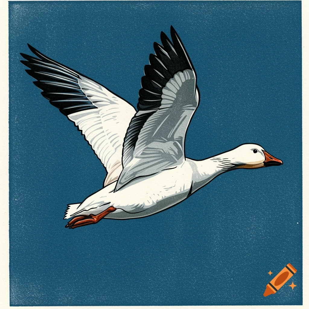 Illustration of a snow goose flying against a blue background, in a linoleum cut print style.