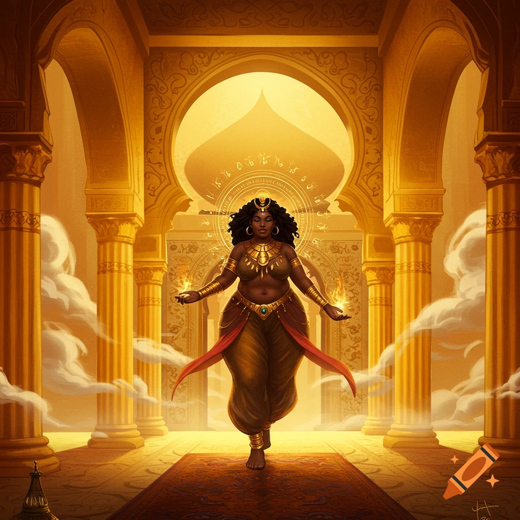 A curvy black woman goddess standing in a golden palace surrounded by mystical smoke