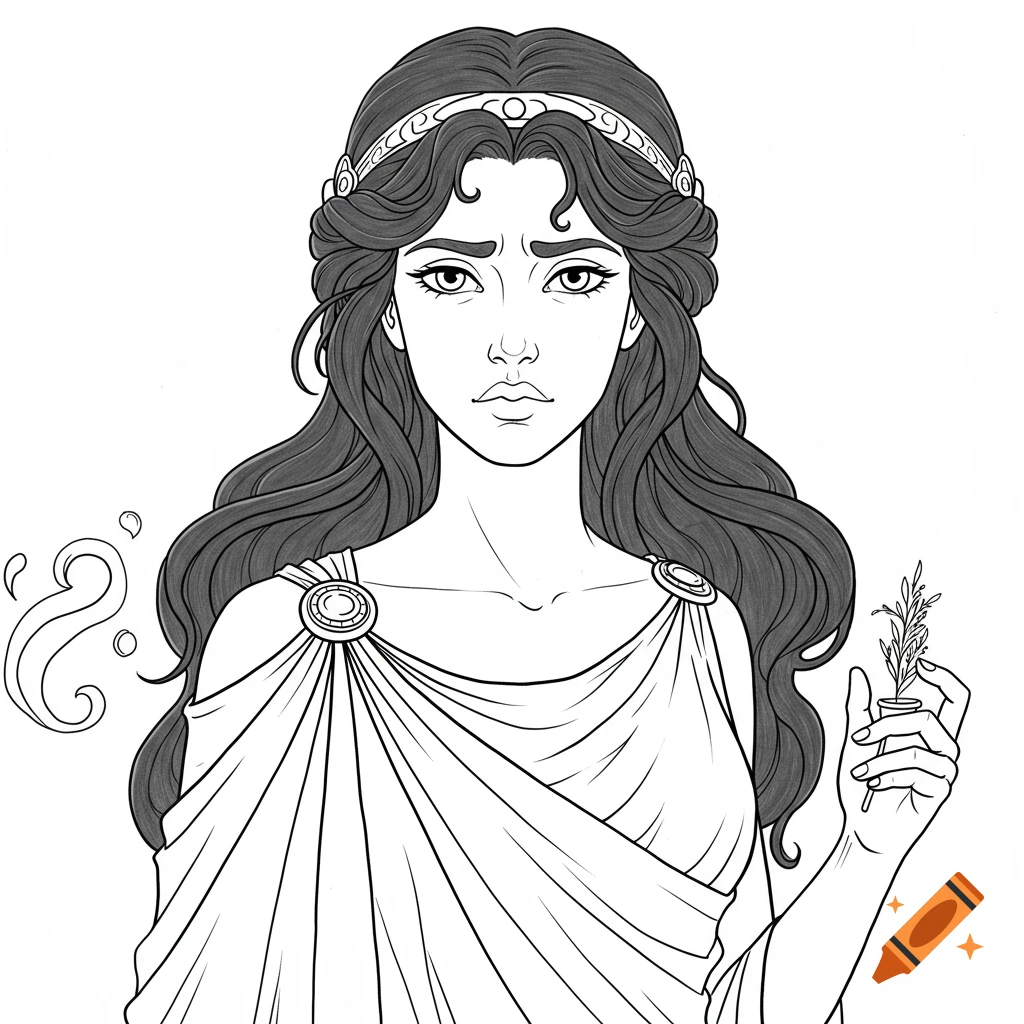 Line drawing of Medea from Greek mythology, in ancient clothing, holding a plant sprig, for coloring.