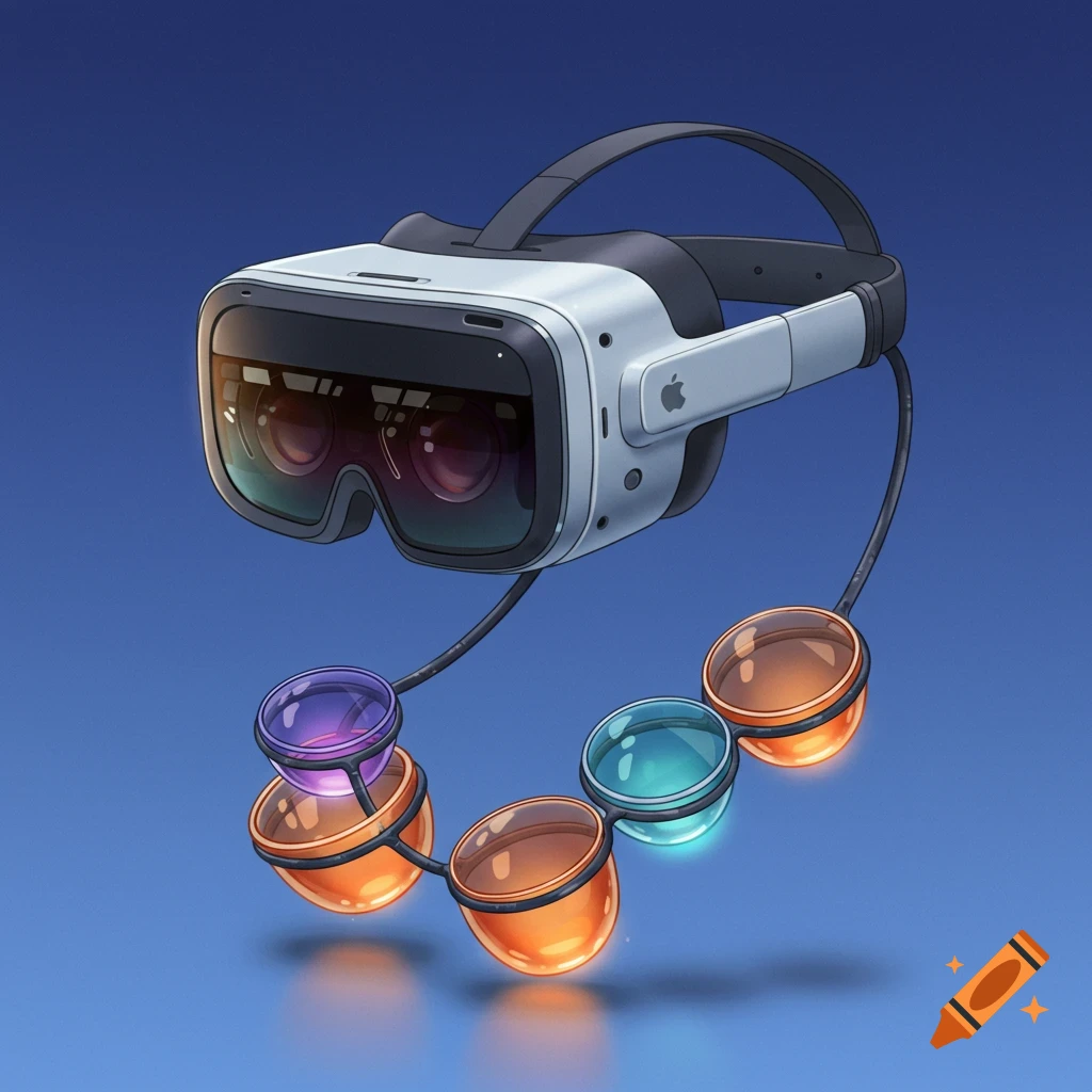 An Apple Vision Pro headset is connected to floating glowing bowls by a strap.