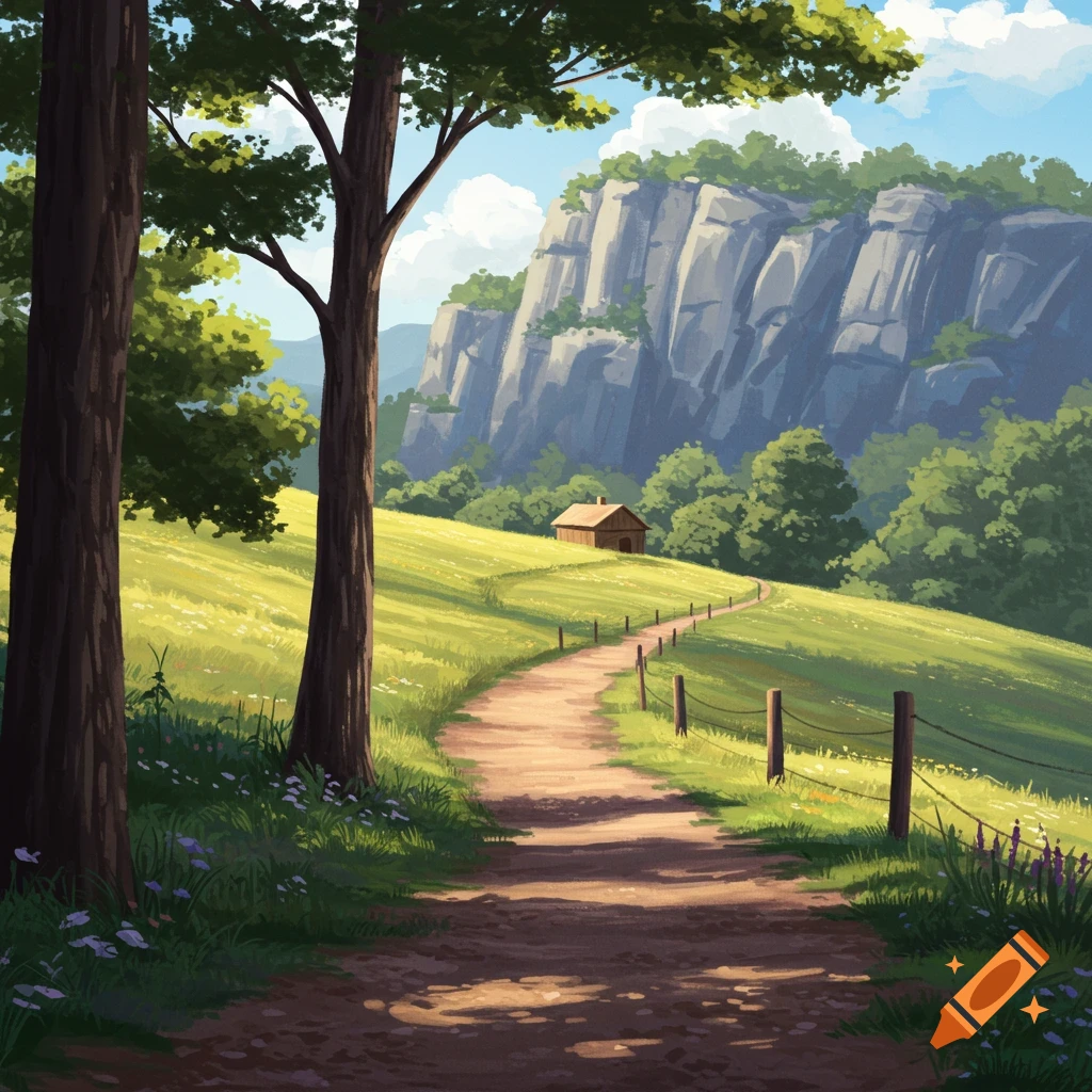 A winding dirt path through a grassy field leads towards a small cabin near a cliff.