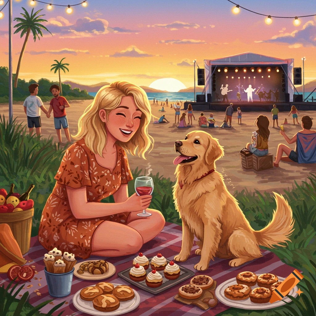 Woman and dog picnicking on a beach at sunset with a concert in the background.