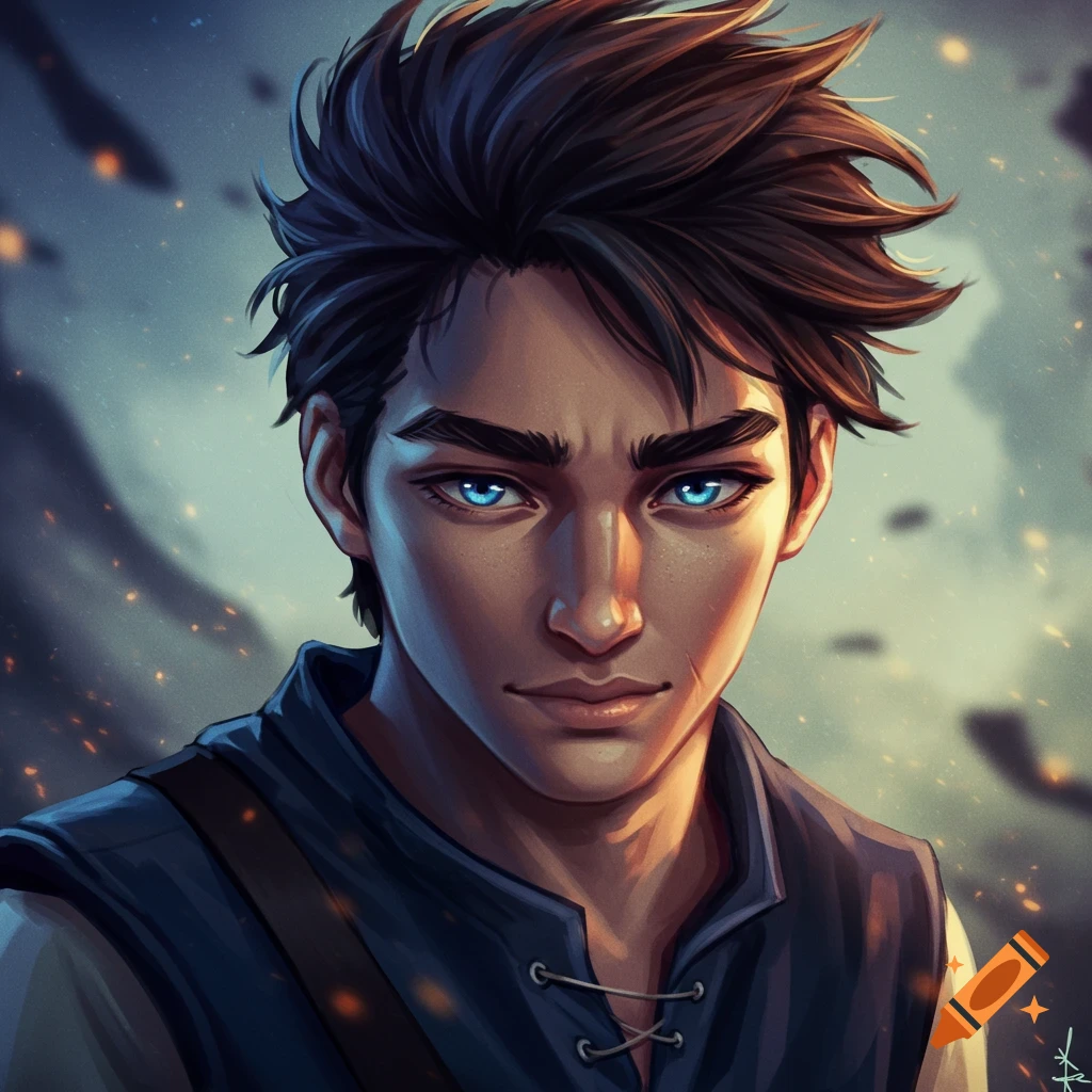 A young man with bright blue eyes and dark hair is depicted in a fantasy style.