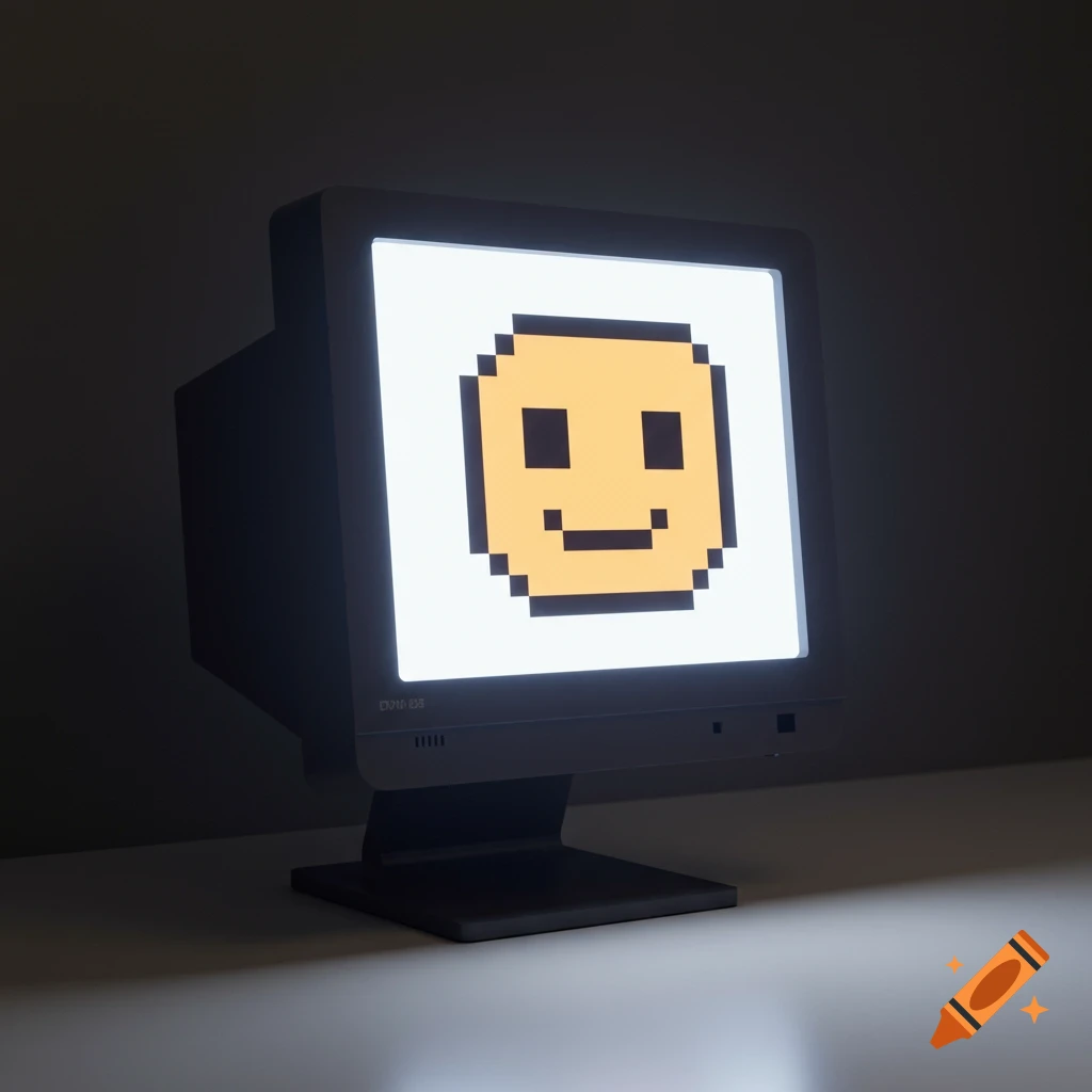 A computer monitor displaying a pixelated smiley face.