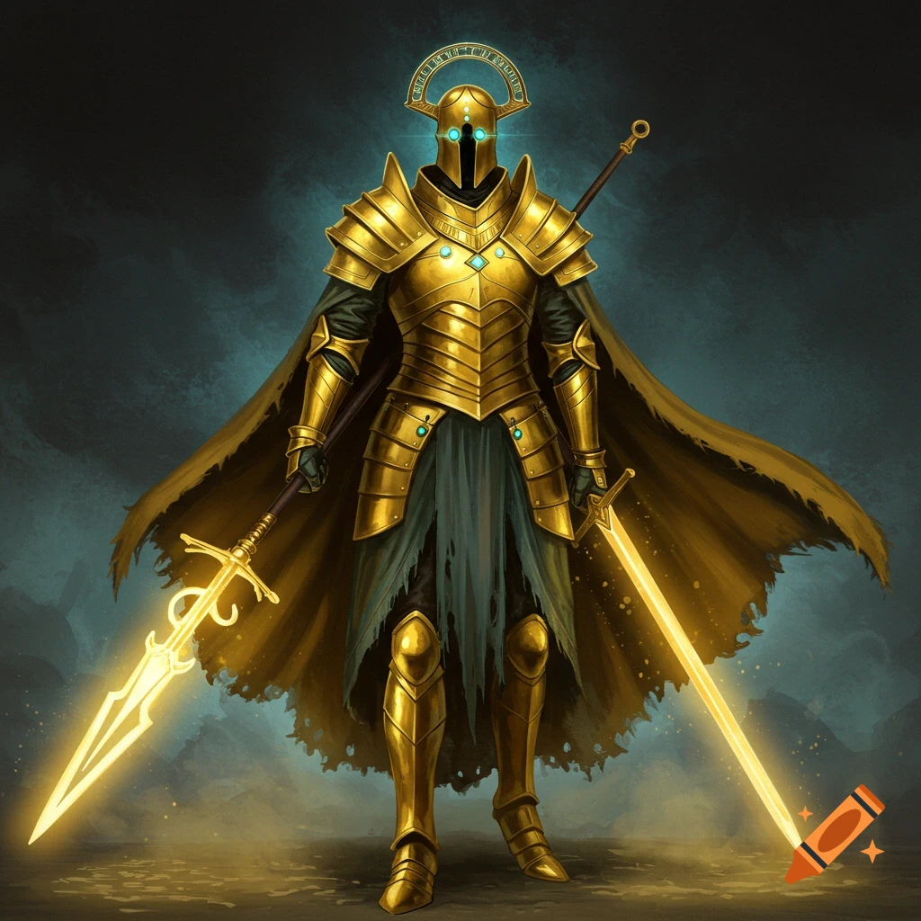 A golden armored knight with glowing blue eyes holding glowing swords.