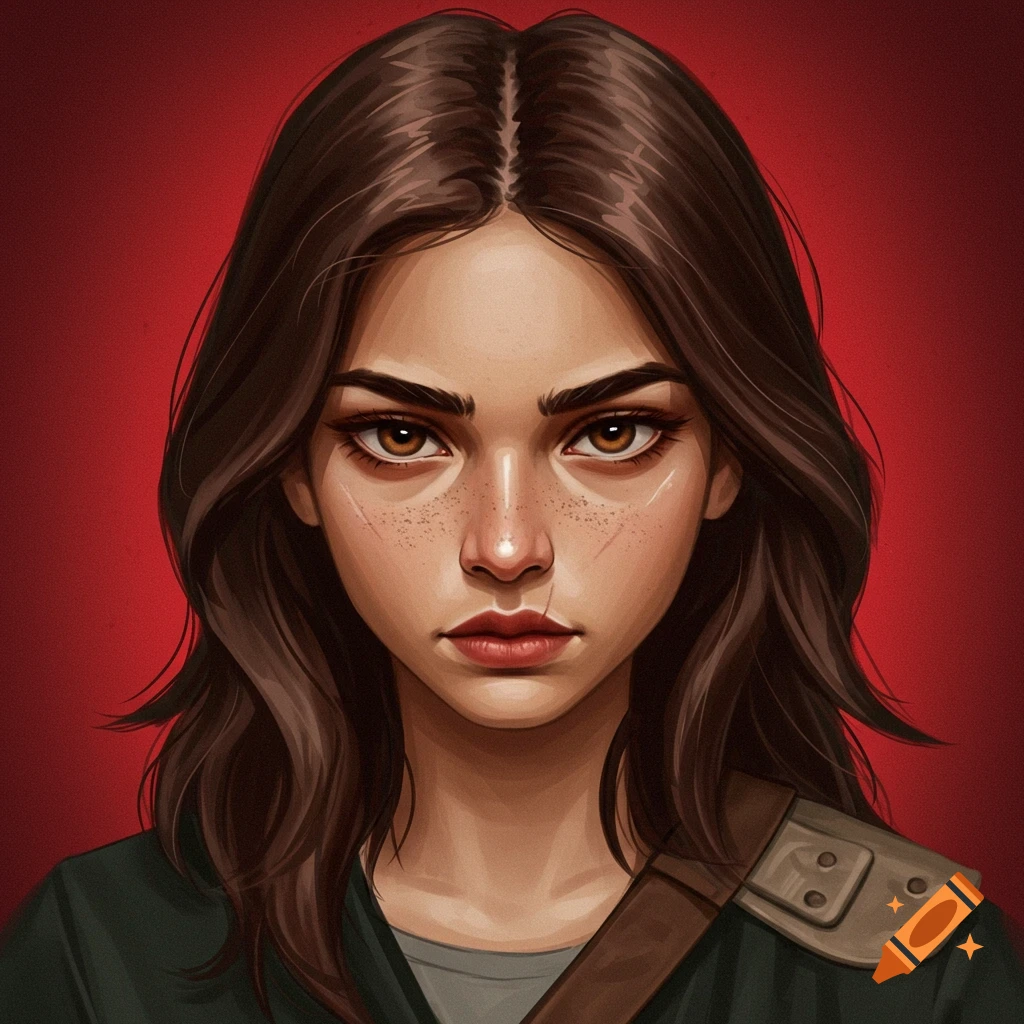Portrait of a young woman with brown hair and eyes, freckles, and a satchel, against a red background.