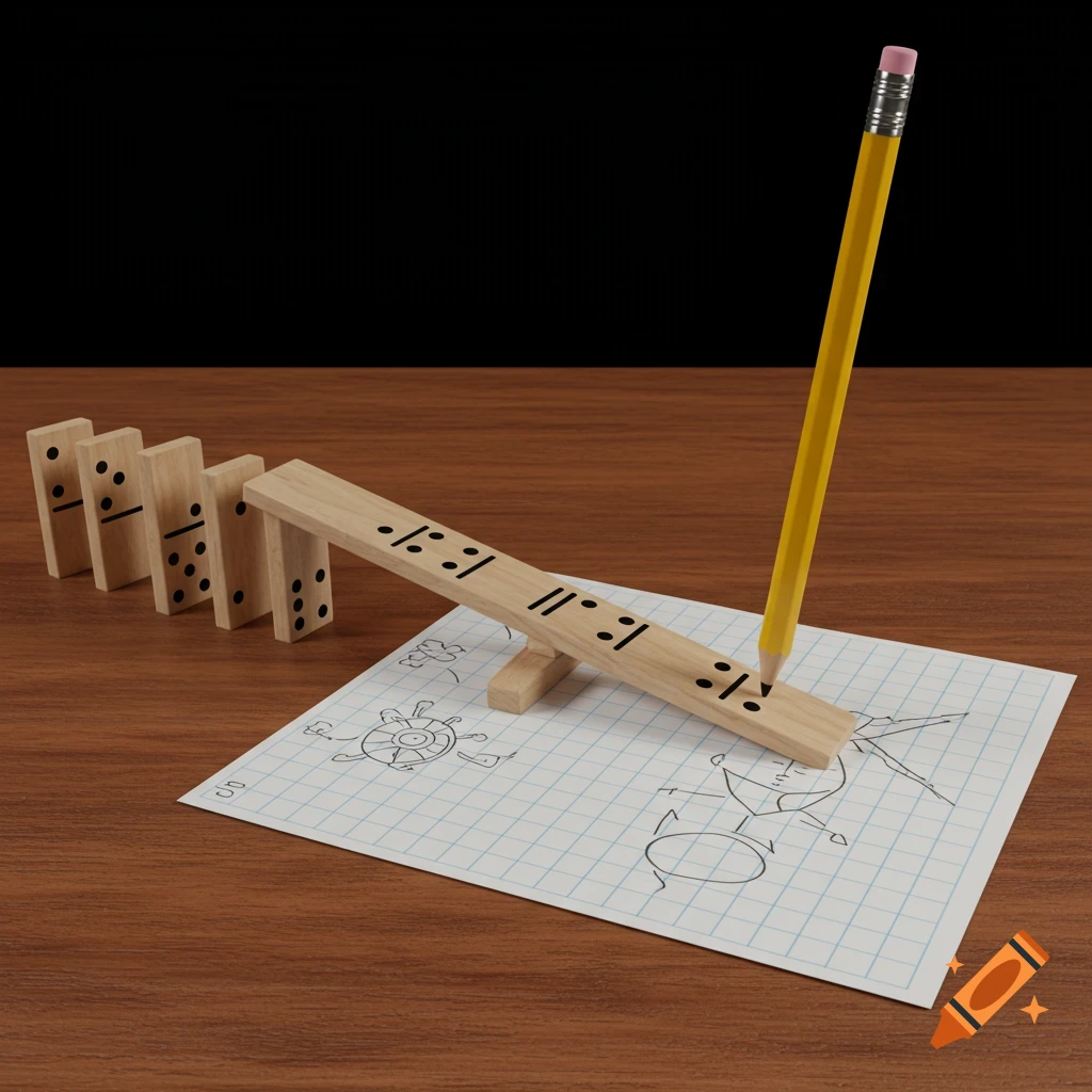 A setup with dominoes leading to a ramp with a pencil, poised over paper with sketches.