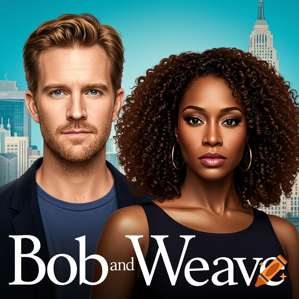 A white man and a black woman pose like a movie poster, with 'Bob and Weave' text and a city skyline background.