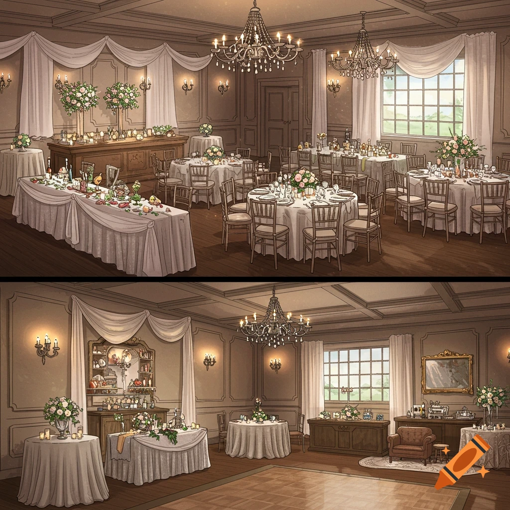A beautifully decorated formal event hall with tables, chairs, and floral arrangements.