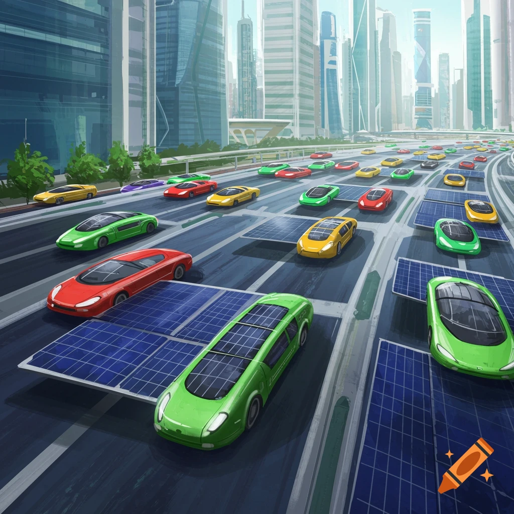 Futuristic solar-powered cars drive on a road lined with solar panels in a city.