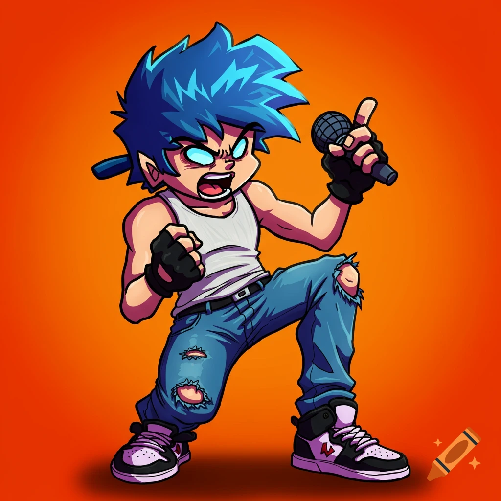 Cartoon character with blue hair, tank top, ripped jeans, and sneakers singing into a microphone.