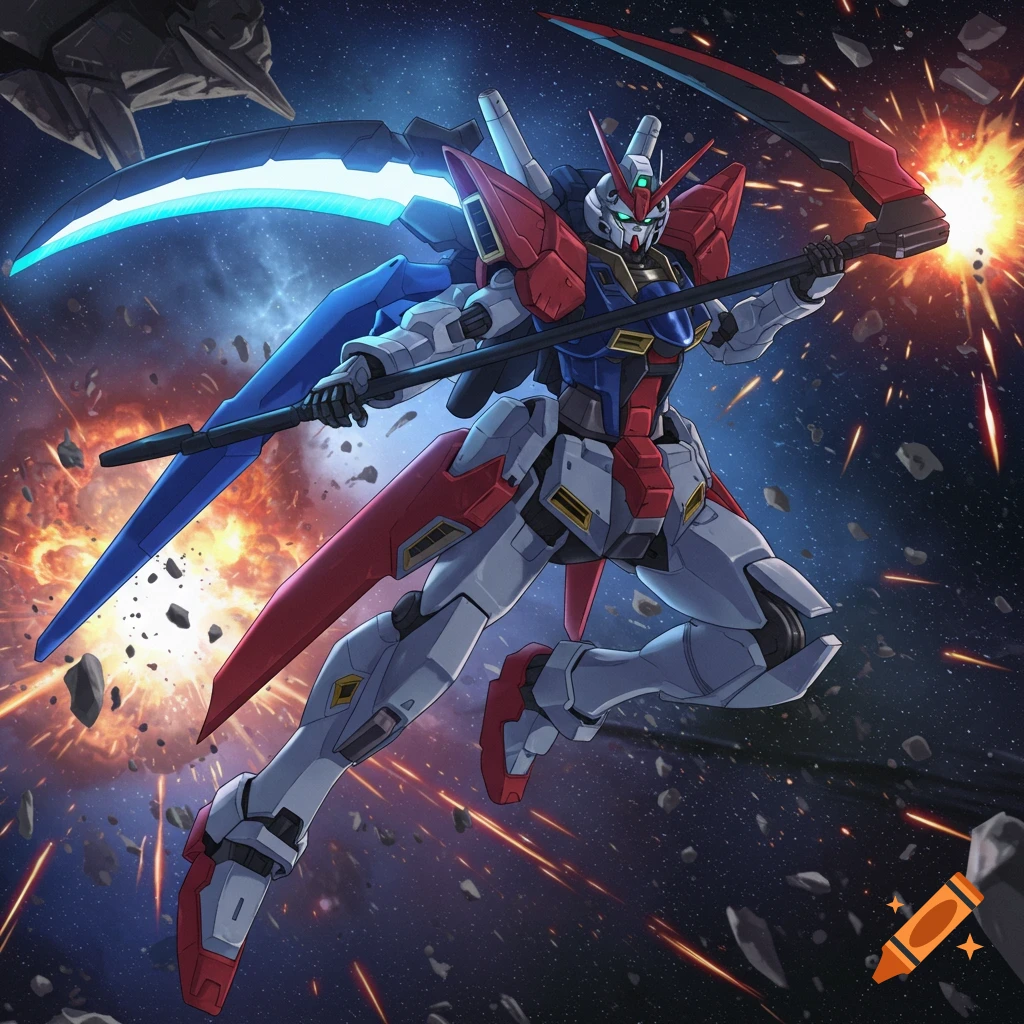 Anime style mecha holding a scythe in space during an explosion.