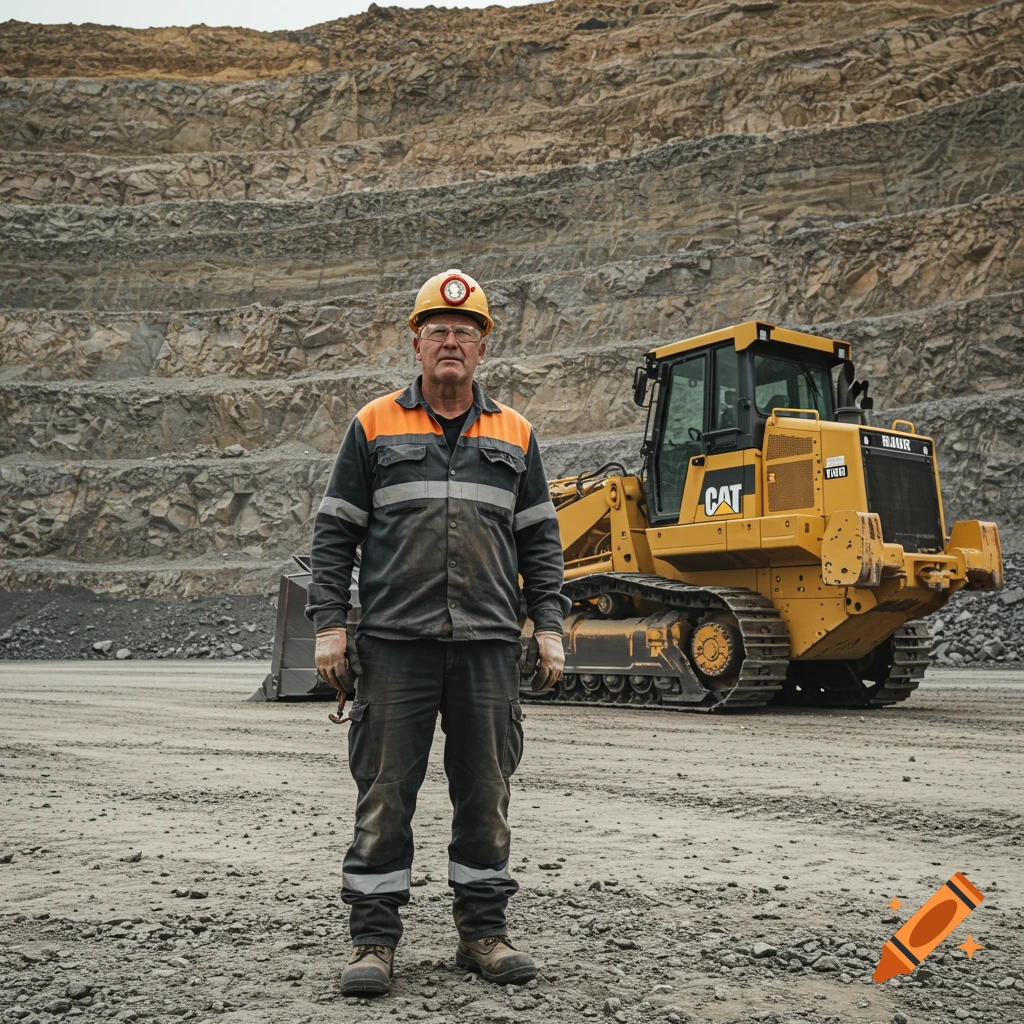 Man in hard hat stands in a quarry with a large yellow bulldozer behind him.