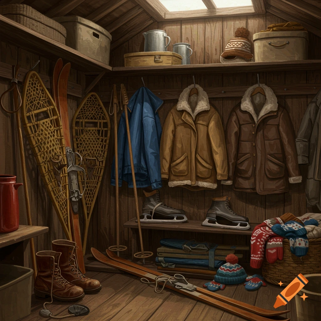 Winter sports gear stored in a wooden shed.