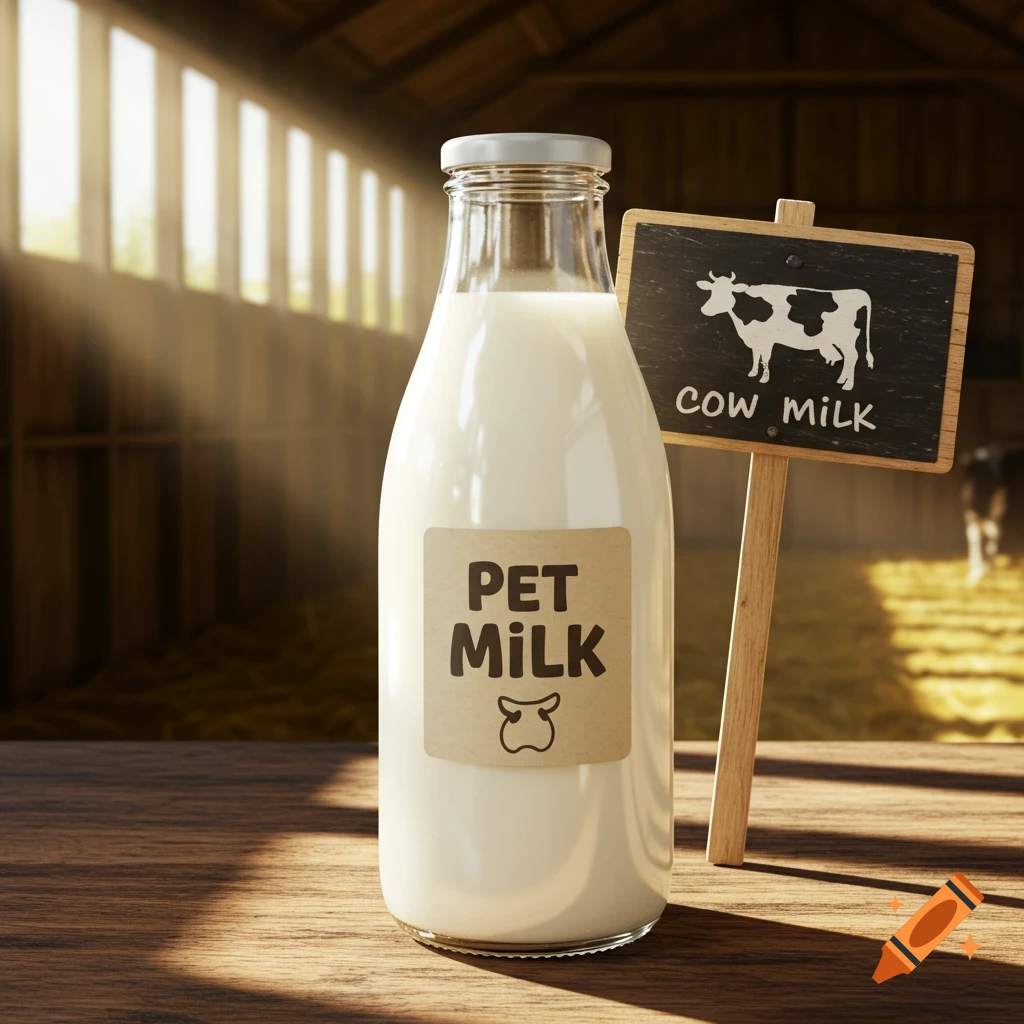 A bottle of milk labeled PET MILK next to a COW MILK sign in a barn.