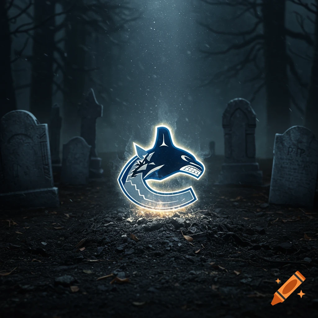The Vancouver Canucks logo is glowing as it rises from a grave in a dark, misty graveyard.
