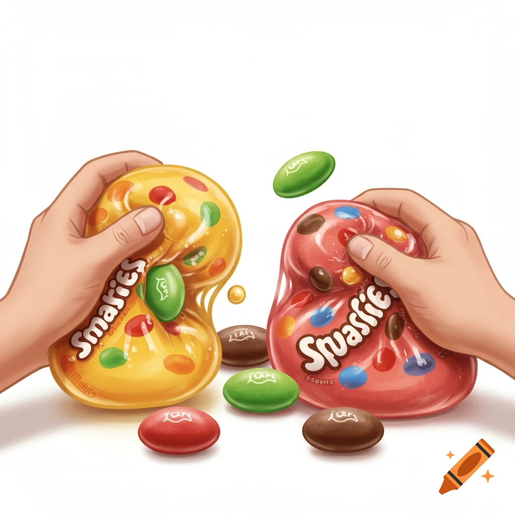 Hands holding squashy candy filled with sweets.