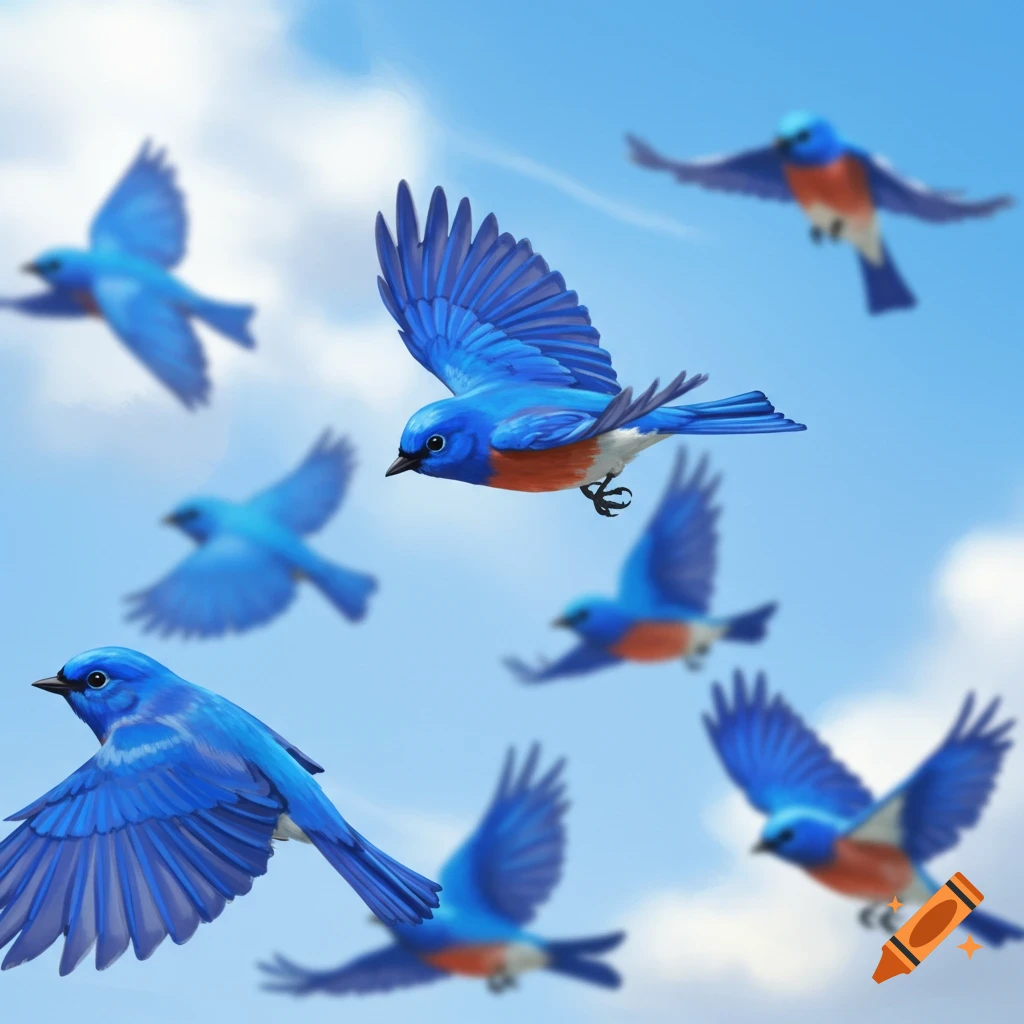 several bluebirds flying in a blue sky.