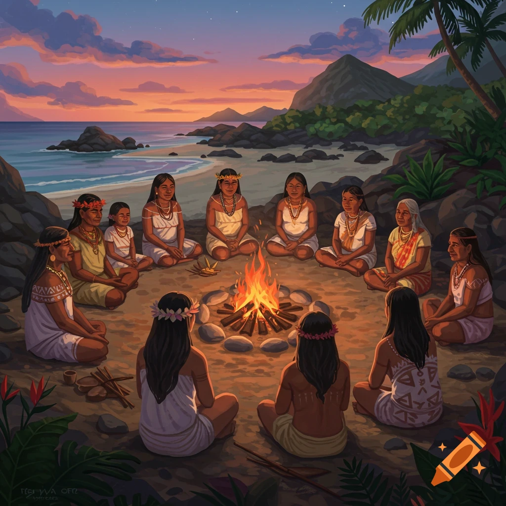 Image of indigenous women and child in a fire circle on a beach at sunset