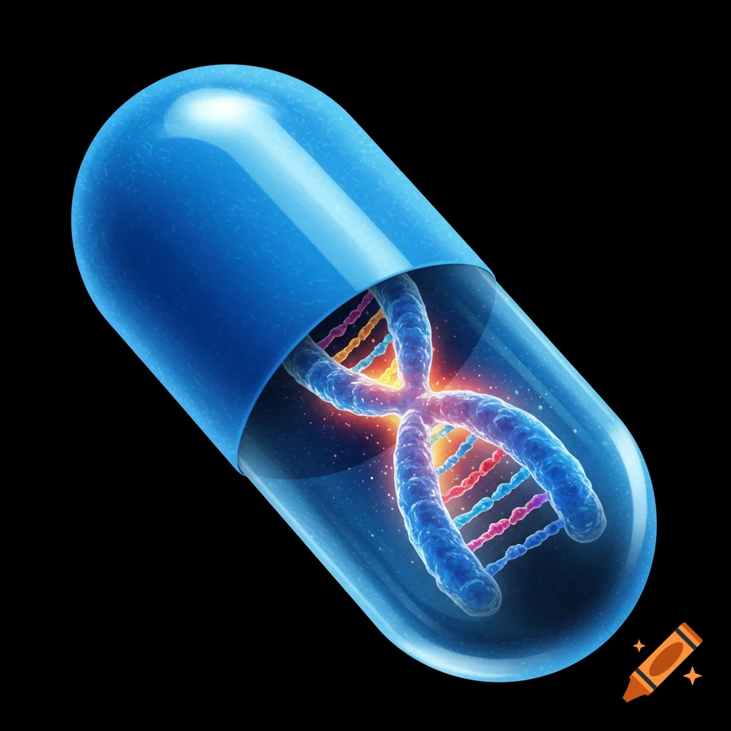 A blue capsule contains a colorful chromosome. Digital art style.