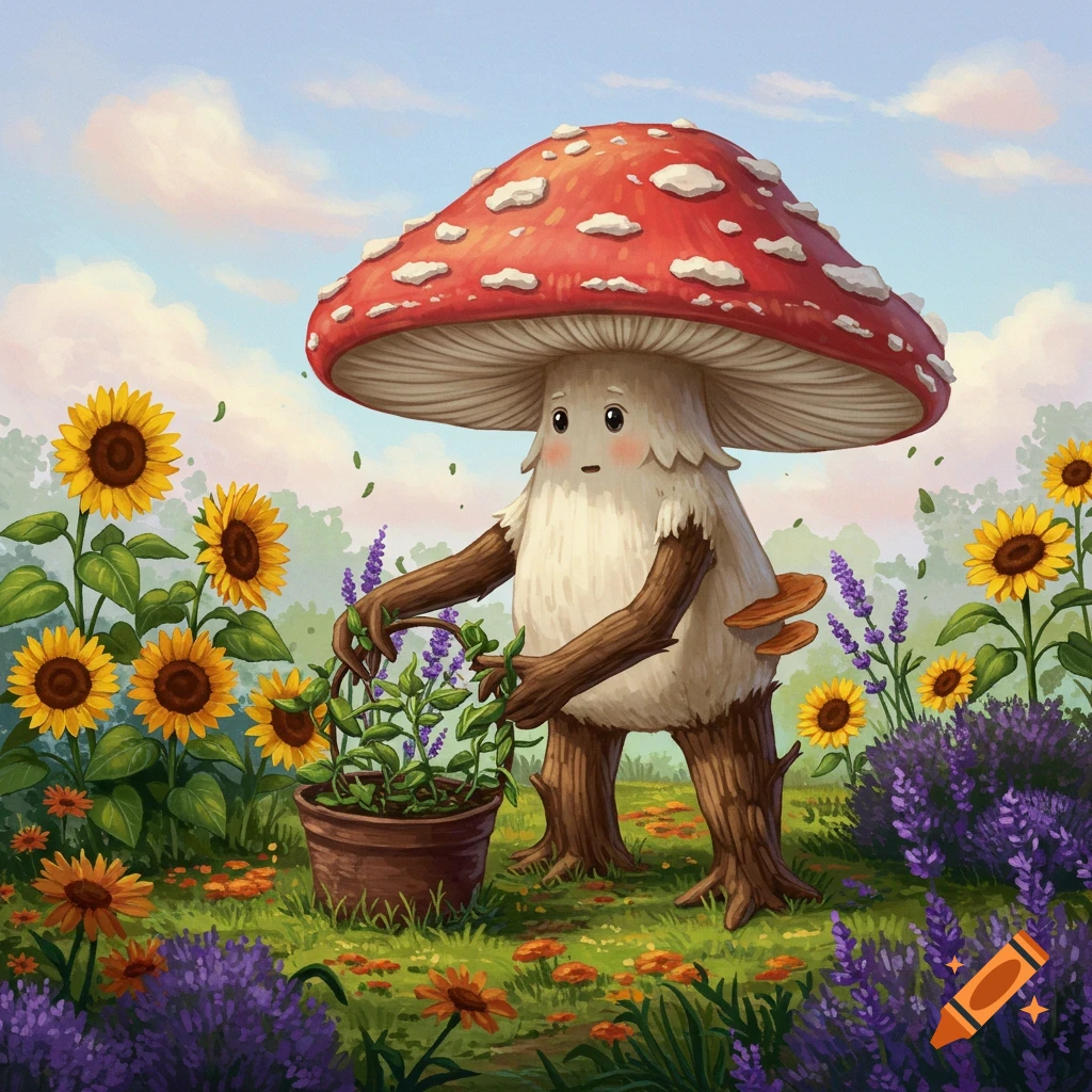 A mushroom character with arms and legs gardens among sunflowers and lavender.