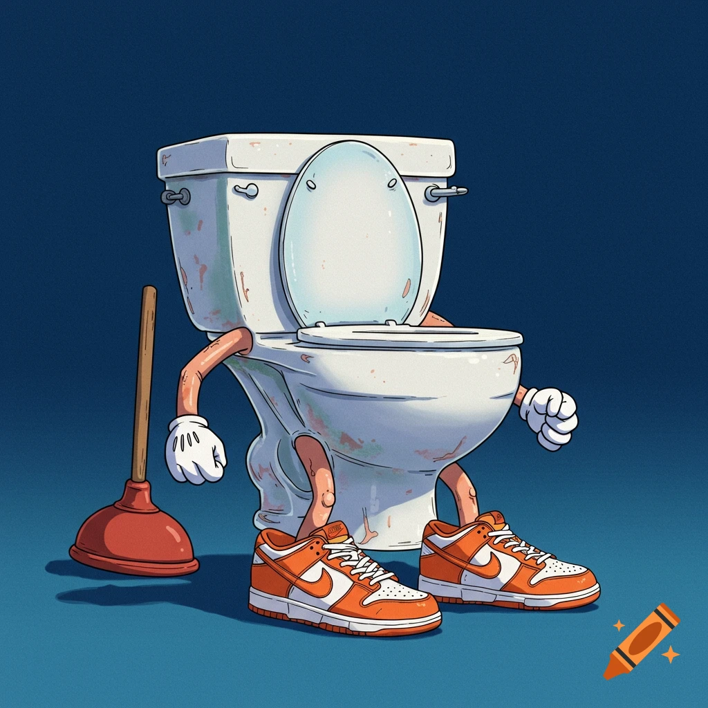 Digital illustration of an anthropomorphic walking toilet wearing orange and white sneakers and holding a plunger.