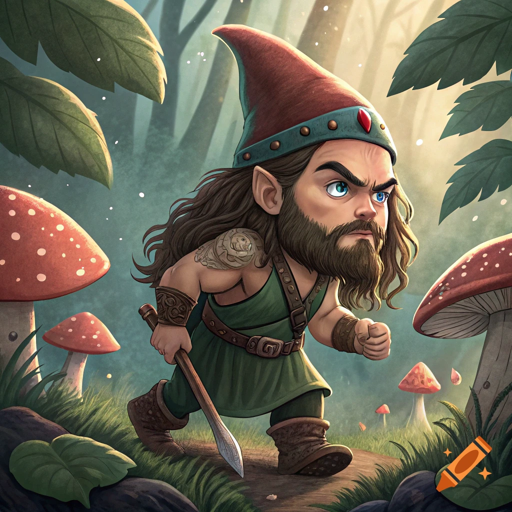 A stylized illustration of a fierce-looking bearded gnome walking on a forest path with mushrooms.