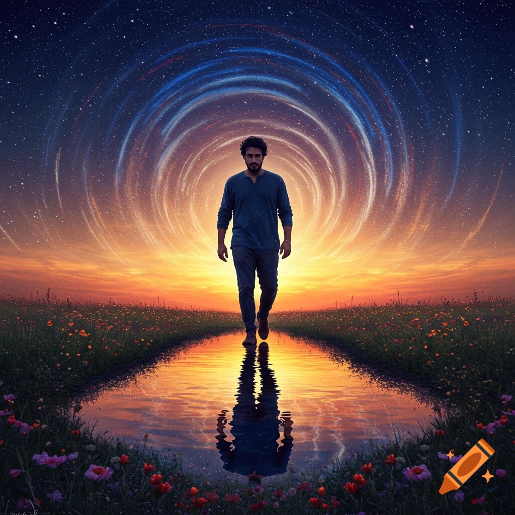 A man walks on a path between fields of flowers, reflecting in a stream, towards a swirling portal in a starlit sky at sunset.