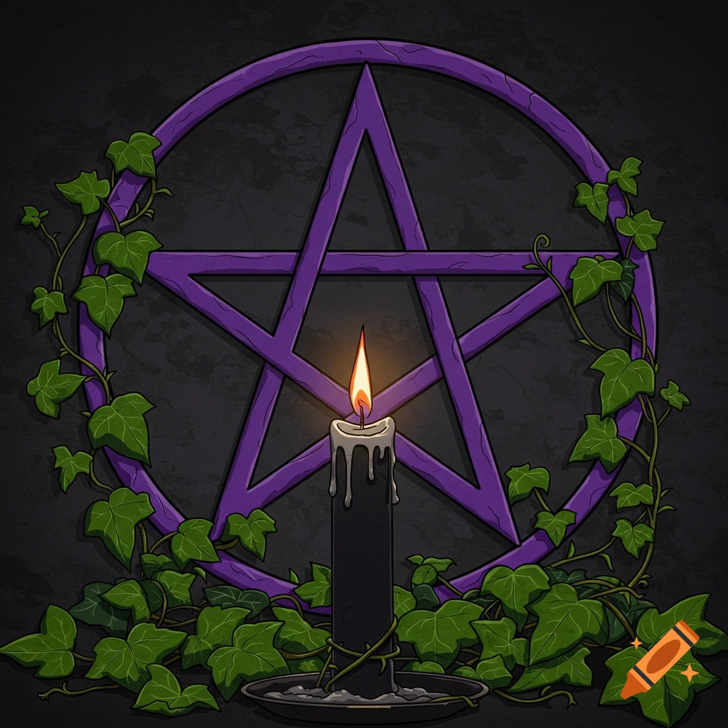 A purple pentacle with green ivy leaves and a black candle.