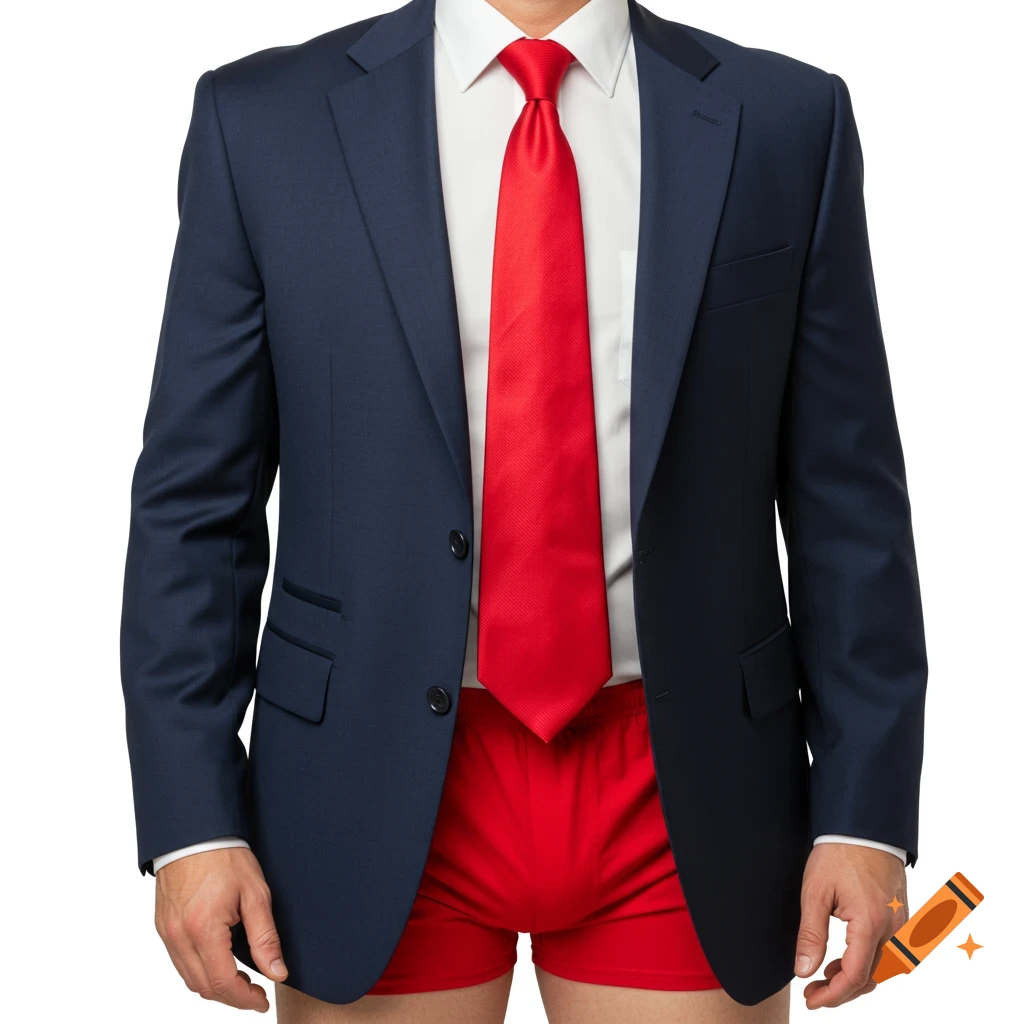 Man in navy suit jacket and red tie wears red boxer shorts against a white background.