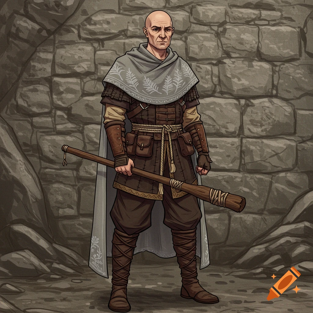 A bald man in fantasy gear holds a club against a stone wall, hand-drawn style.