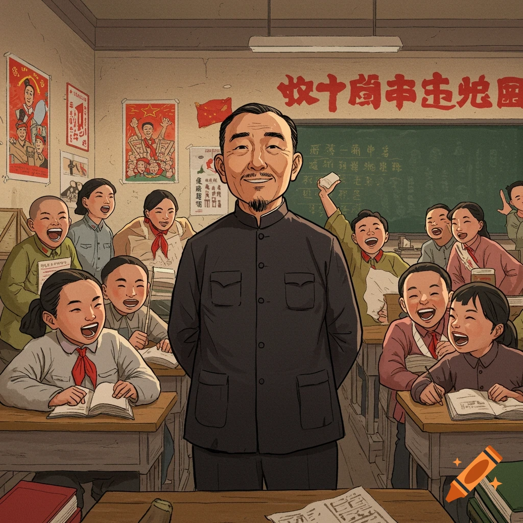 Illustrative painting of a teacher and laughing students in a chaotic classroom with propaganda posters.
