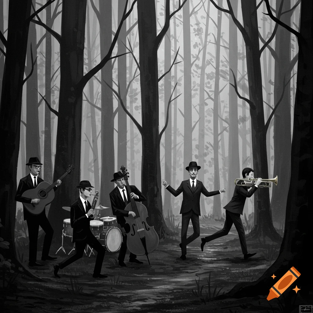 Monochrome image of a jazz band playing instruments and one figure dancing/running in a dark forest.