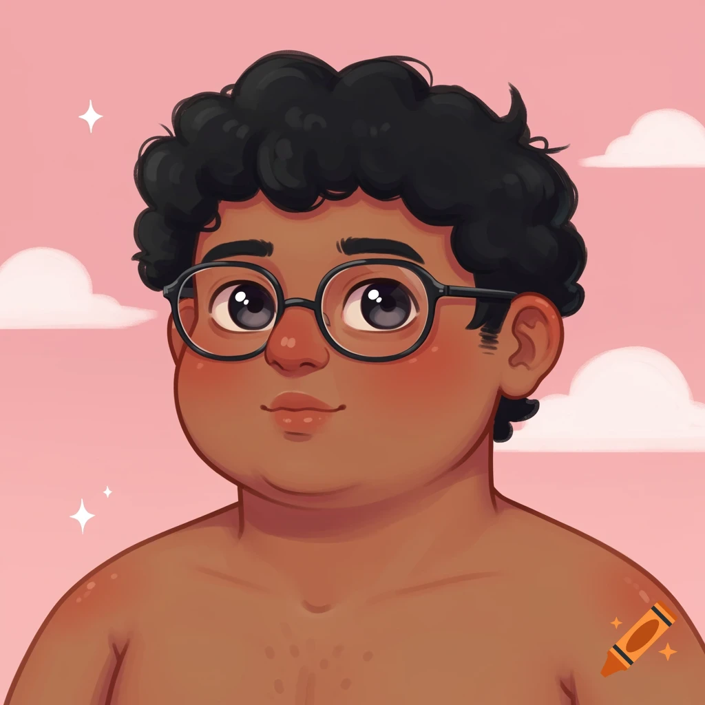 Anime/cartoon portrait of a young male character with glasses against a pink sky with clouds.