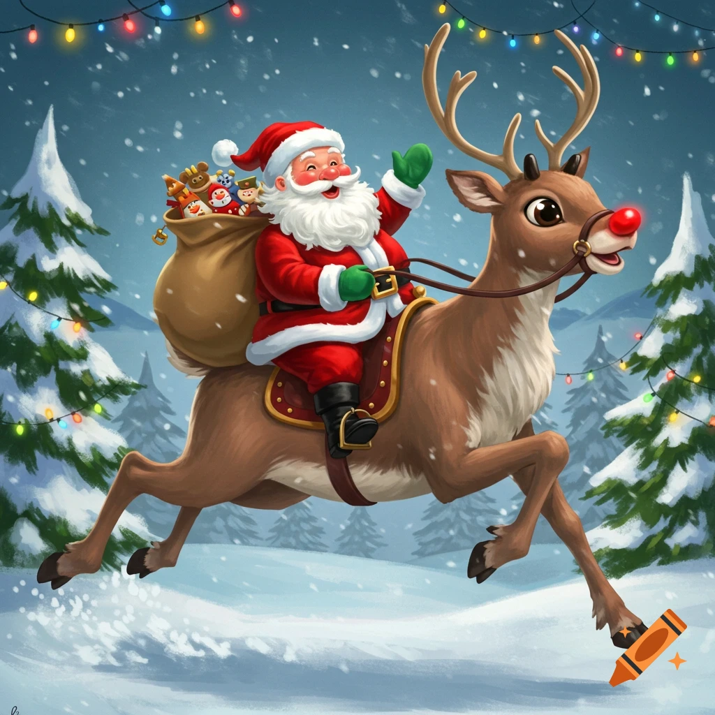 Santa Claus rides a reindeer through a snowy forest under Christmas lights.