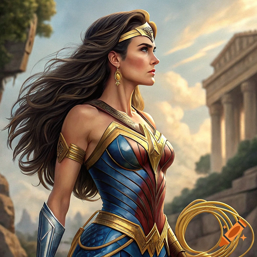 A woman as Wonder Woman stands before ancient ruins holding her lasso.