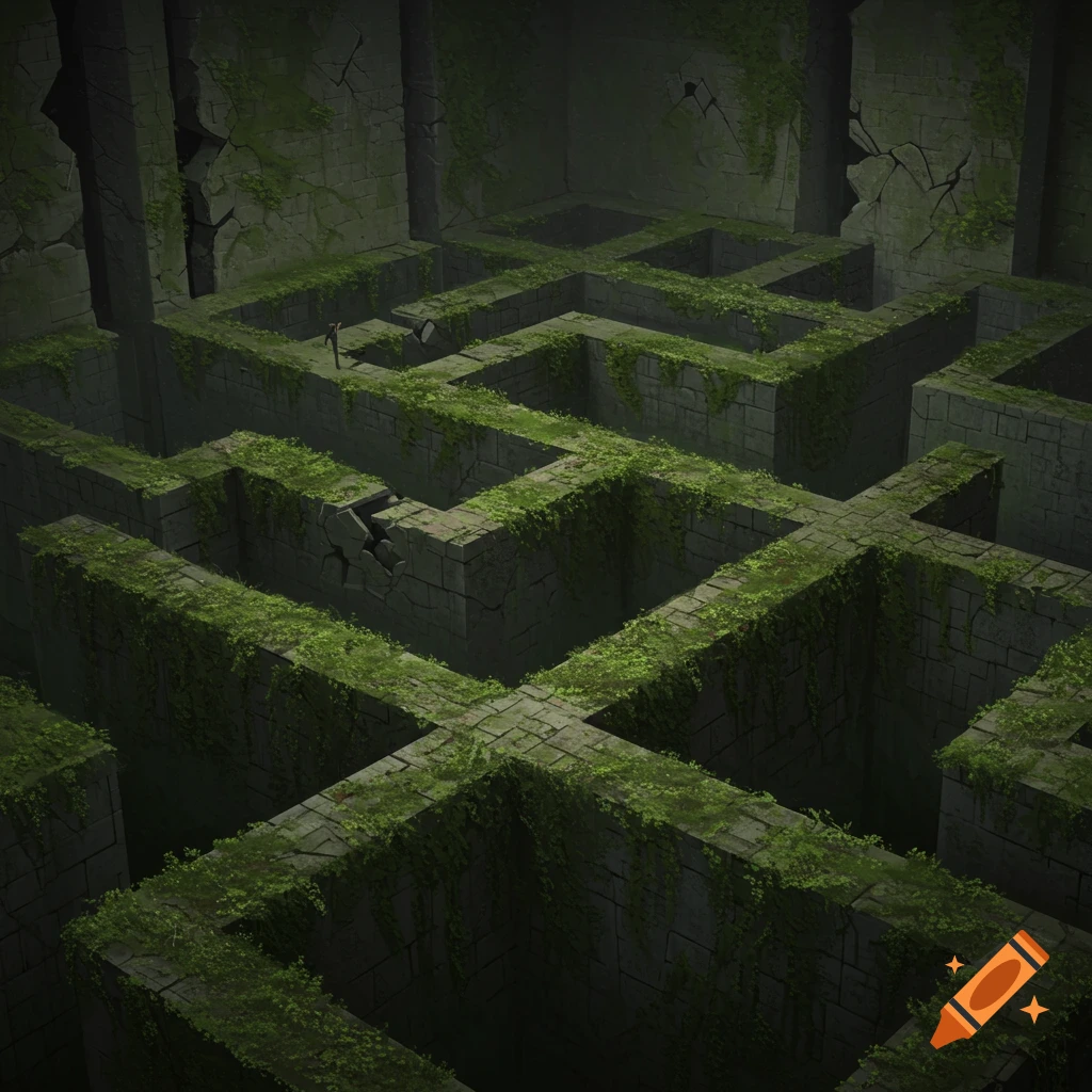 A small person stands in a vast, dark stone maze covered in ivy.