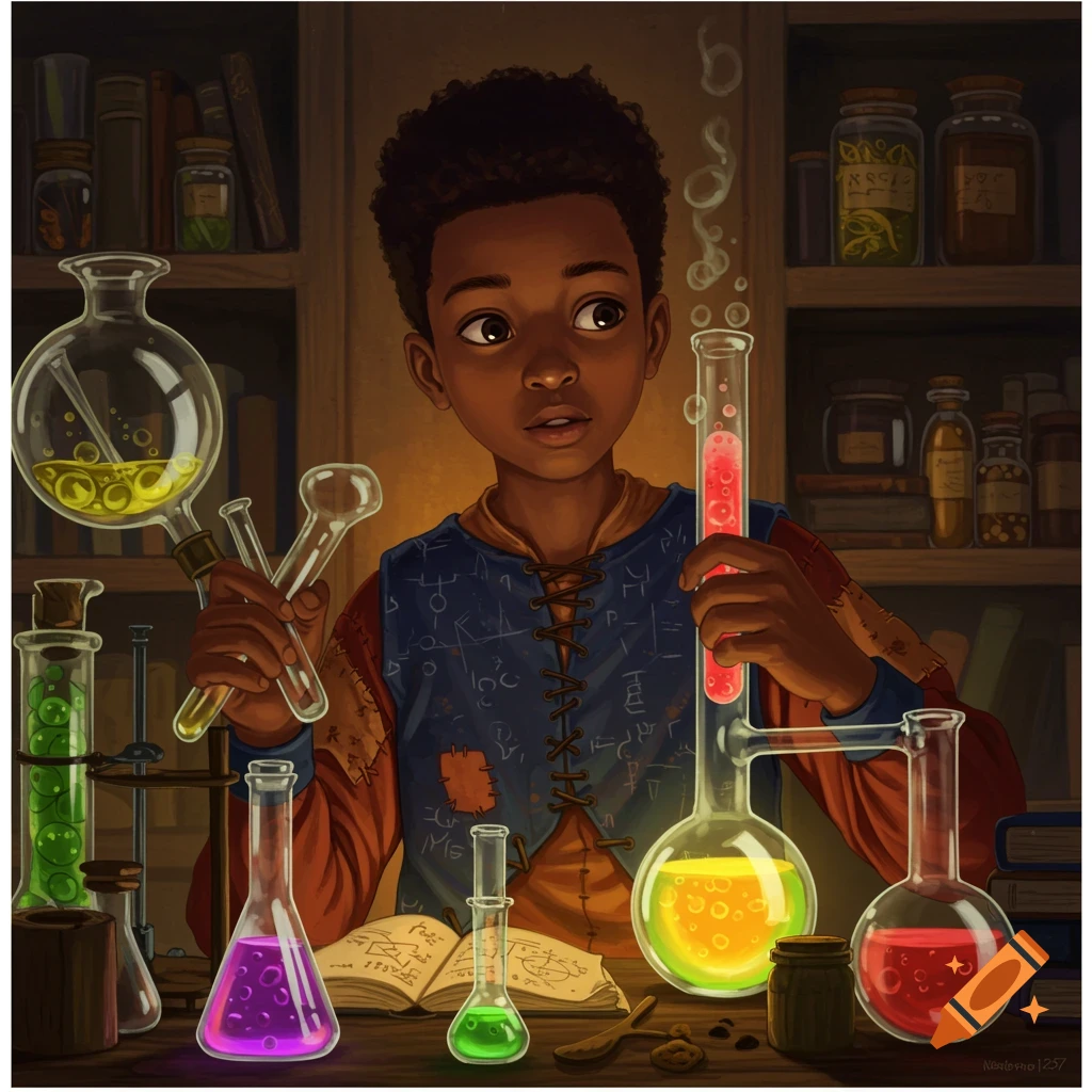 A young boy does an alchemy experiment with colorful liquids in flasks