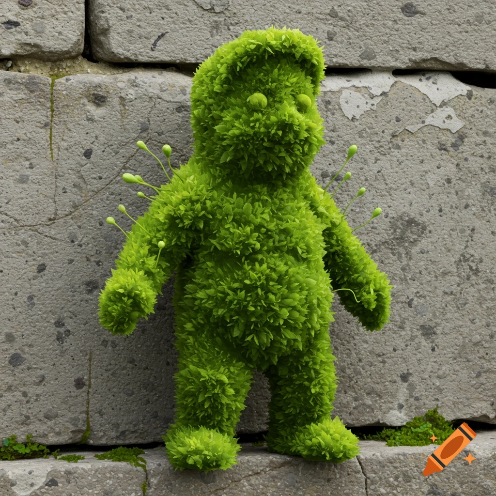 A green moss-covered figure stands against a concrete wall.