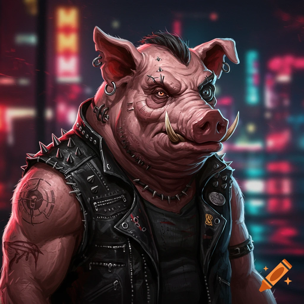A mutant pig with a cybernetic eye wearing a studded biker vest against a city background.