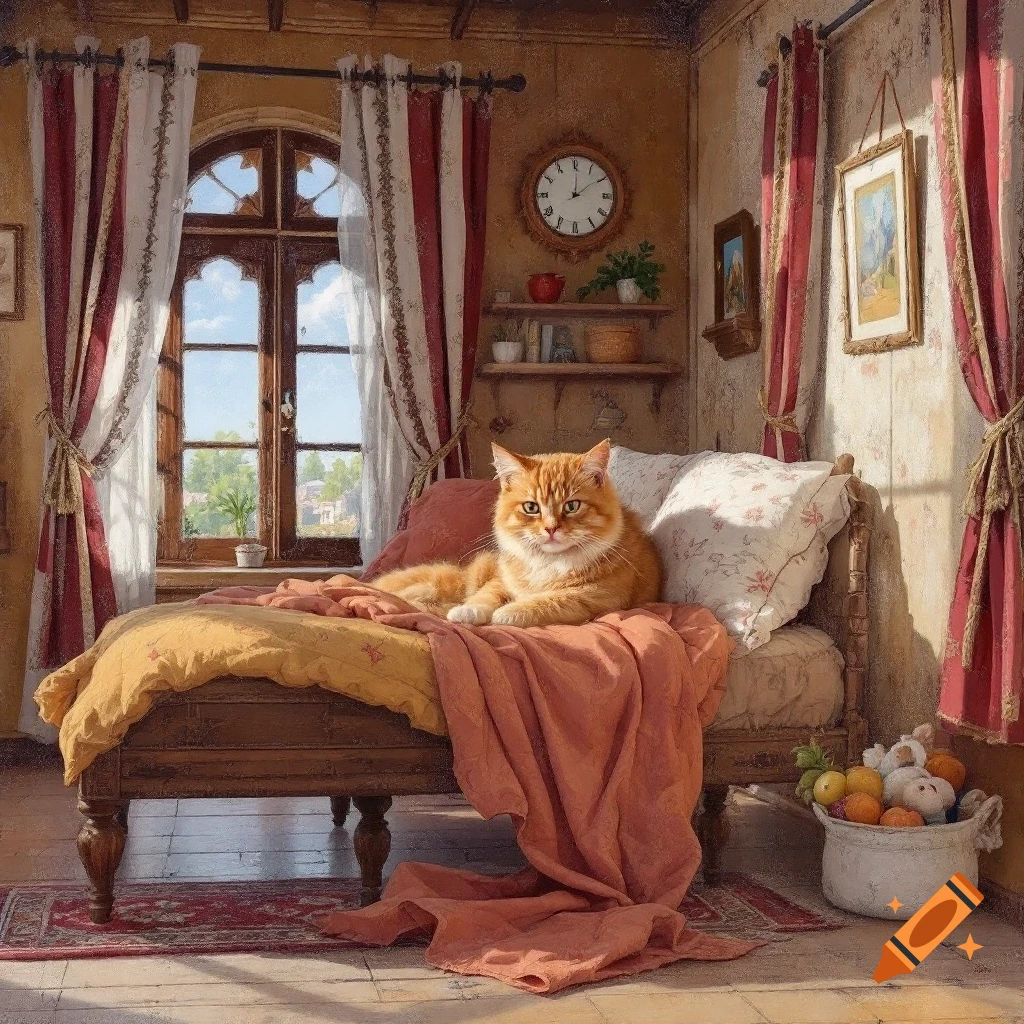 Orange cat lying on a bed in a sunny room