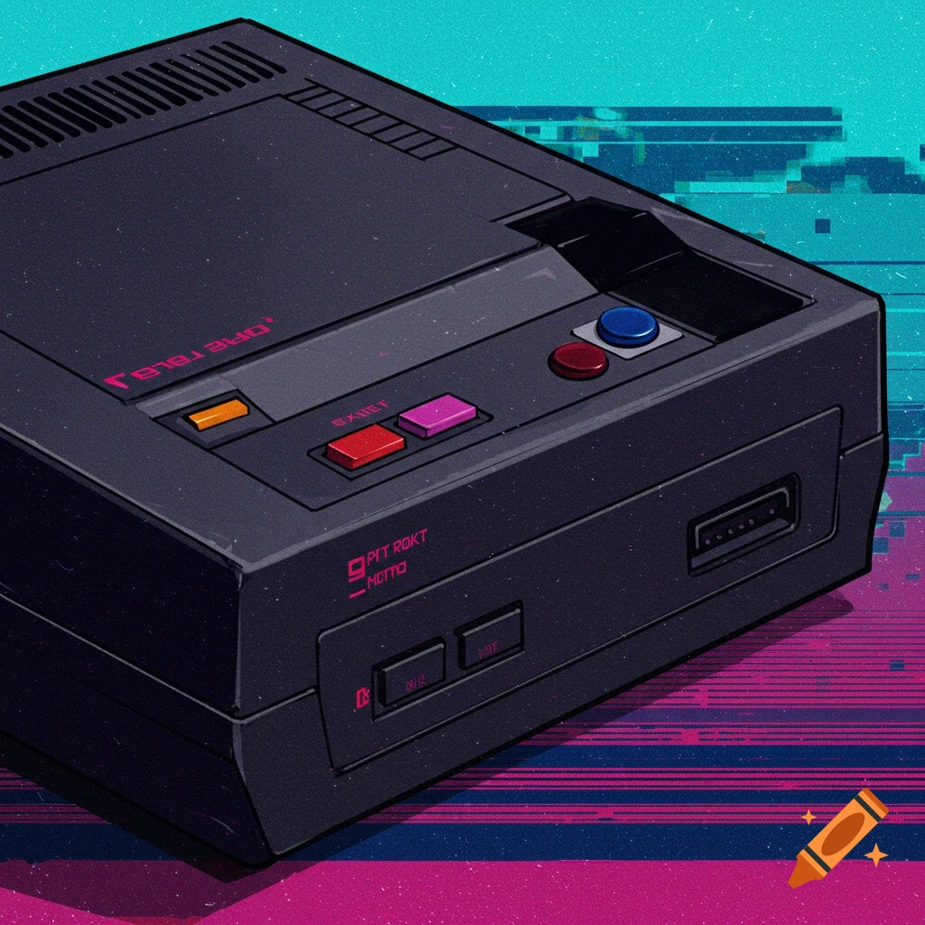 A black vintage game console is shown against a retro glitch background.