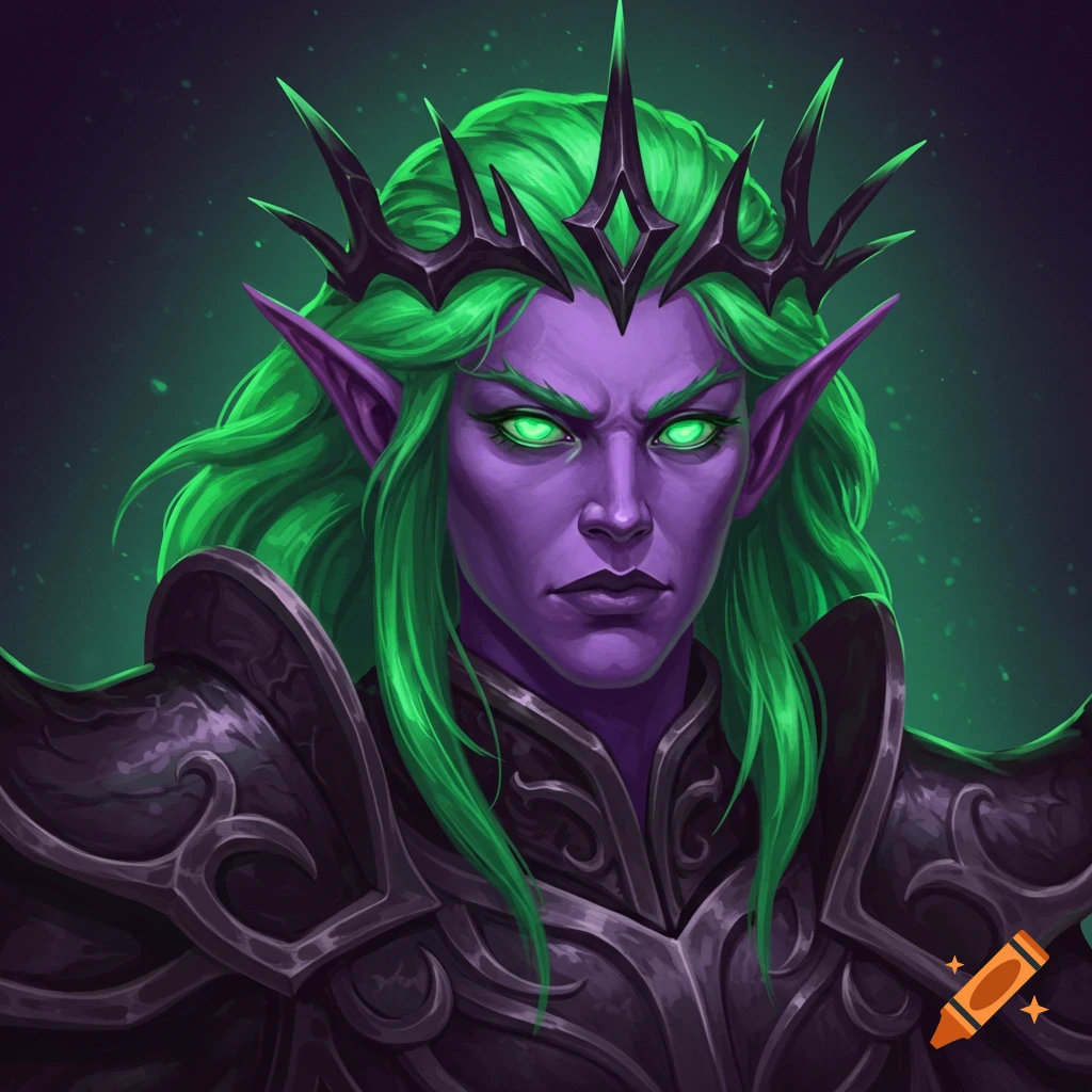 Portrait of a fantasy character with purple skin, green hair, glowing green eyes, dark armor, and a crown.