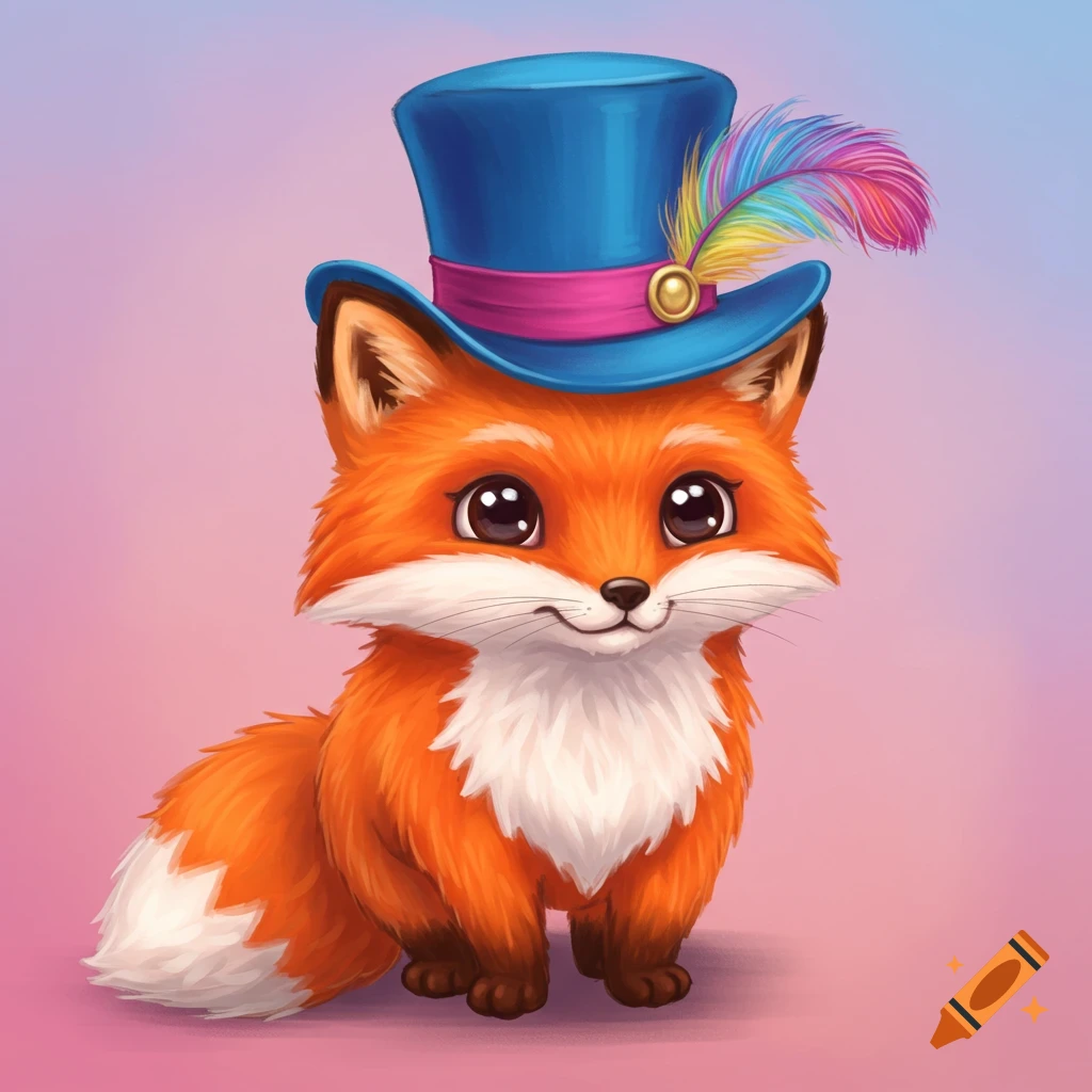 A cute cartoon fox wearing a blue top hat with a colorful feather.