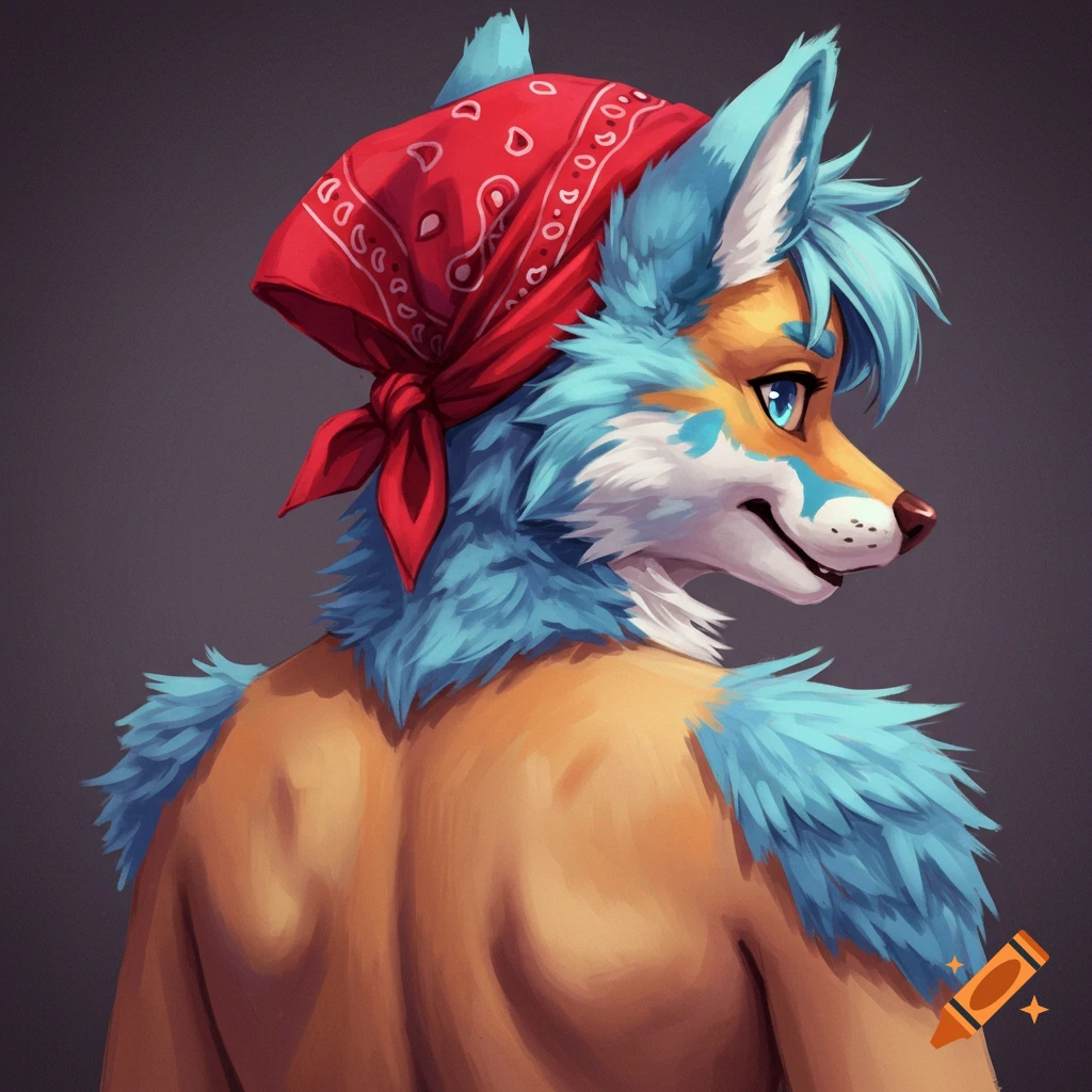 A furry character with blue fur accents wears a red bandana and is viewed from the back.
