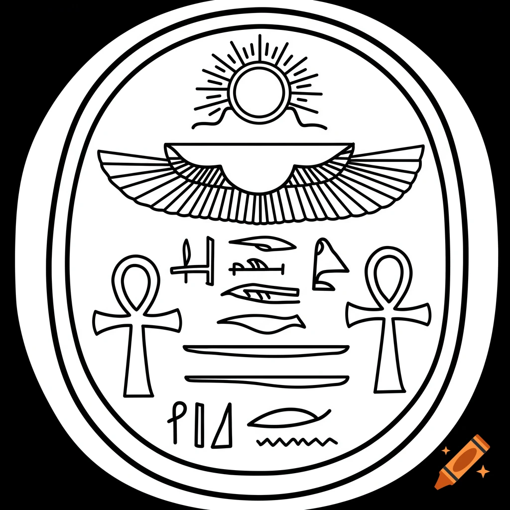 A black and white outline of an ancient Egyptian style oval seal with a winged sun, ankh symbols, and hieroglyph-like lines.